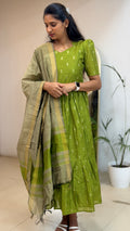 Parrot Green Raw Silk Maxi with Dupatta - 3505