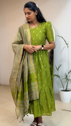 Parrot Green Raw Silk Maxi with Dupatta - 3505