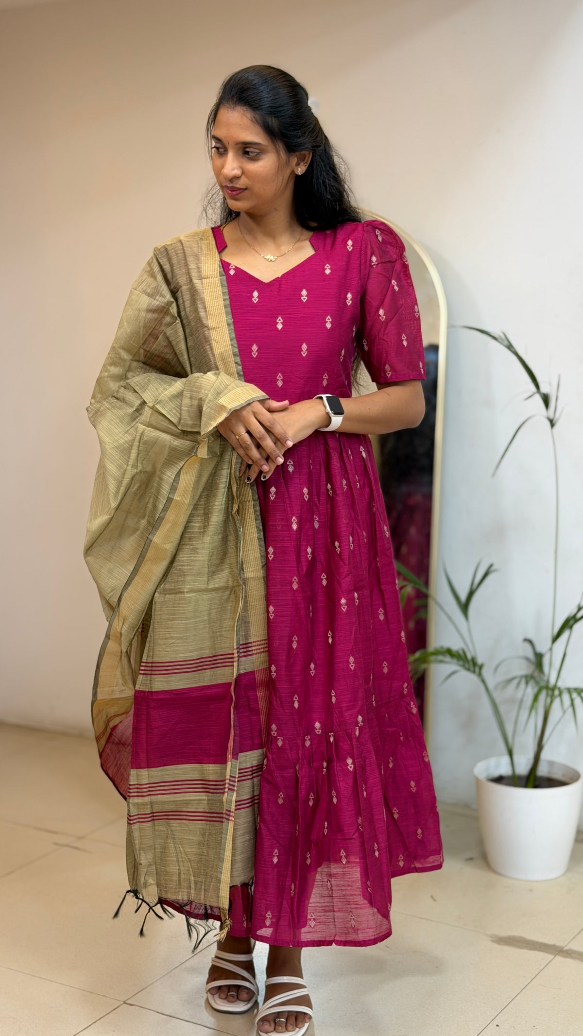 Magenta Pink Raw Silk Maxi with Dupatta - 3506