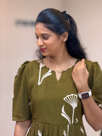 Olive Green Floral Heavy Rayon Feeding Maxi With Pocket - 3501