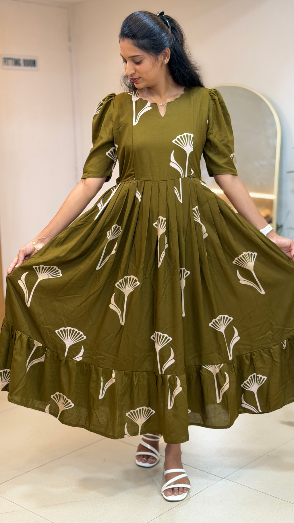 Olive Green Floral Heavy Rayon Feeding Maxi With Pocket - 3501