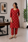 Red Cotton Co-ord Set - 3512