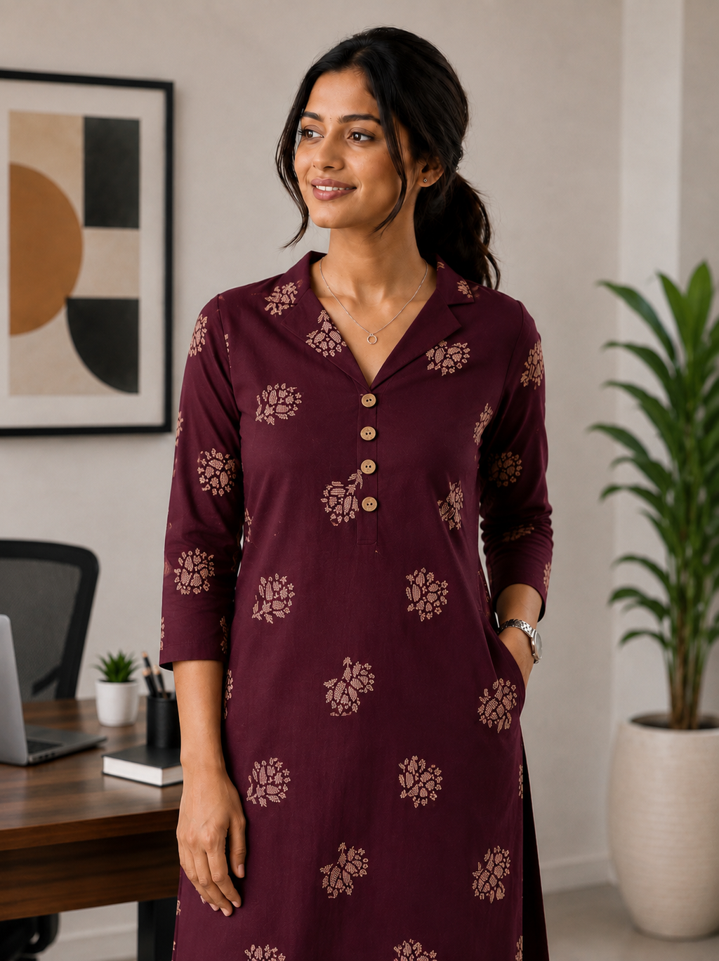 Wine Cotton Co-ord Set - 3516