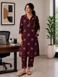 Wine Cotton Co-ord Set - 3516