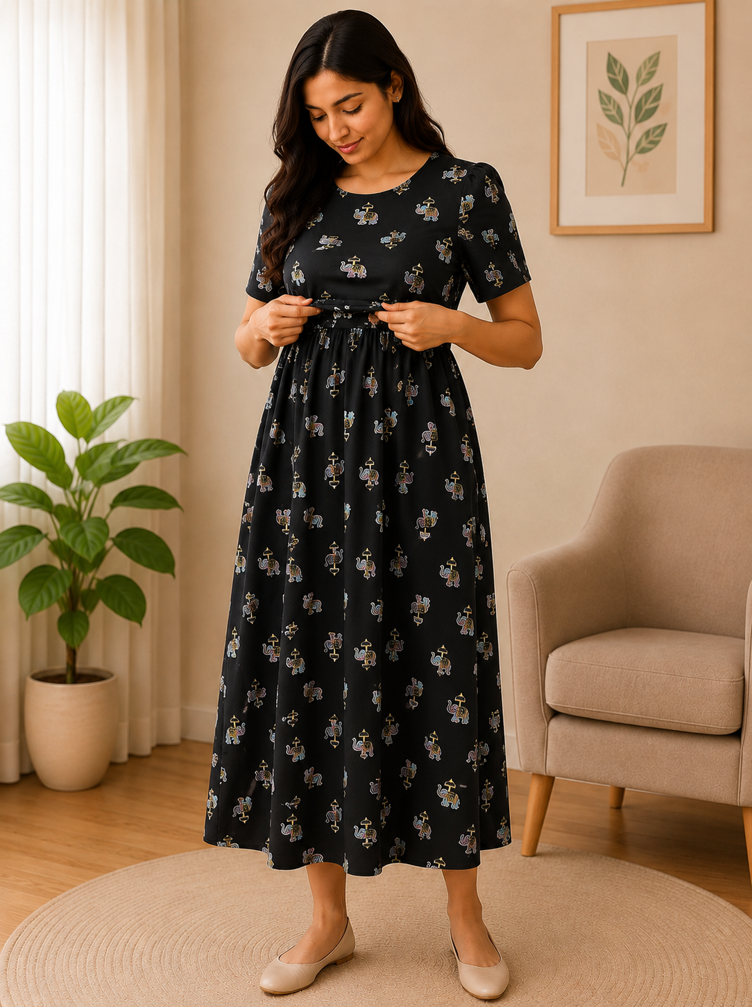 Black Elephant Print Zipless maternity Wear - 3315