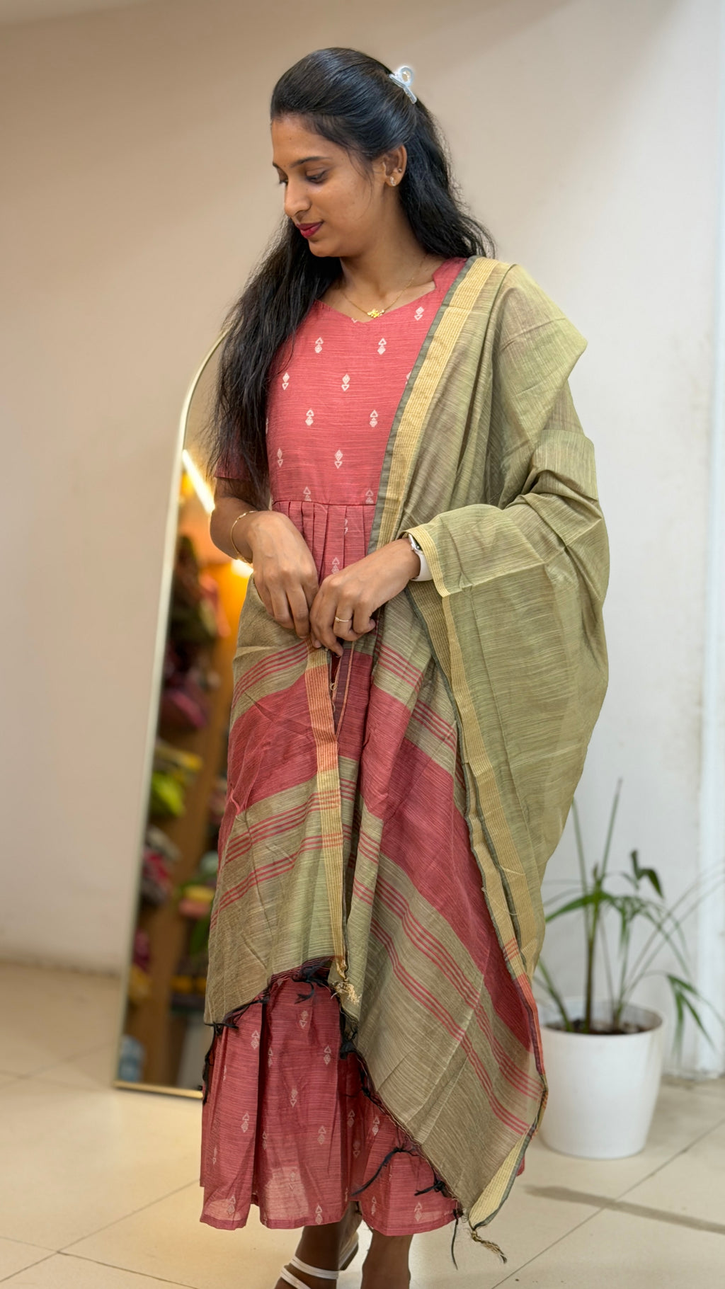 Peach Raw Silk Maxi with Dupatta - 3507