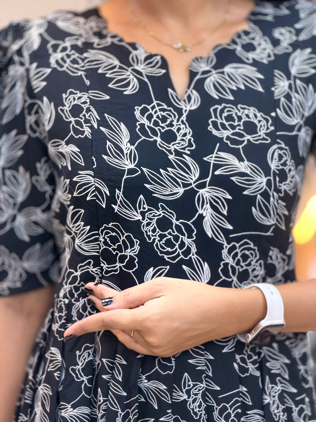 BlacK and White Floral Heavy Rayon Feeding Maxi With Pocket - 3503
