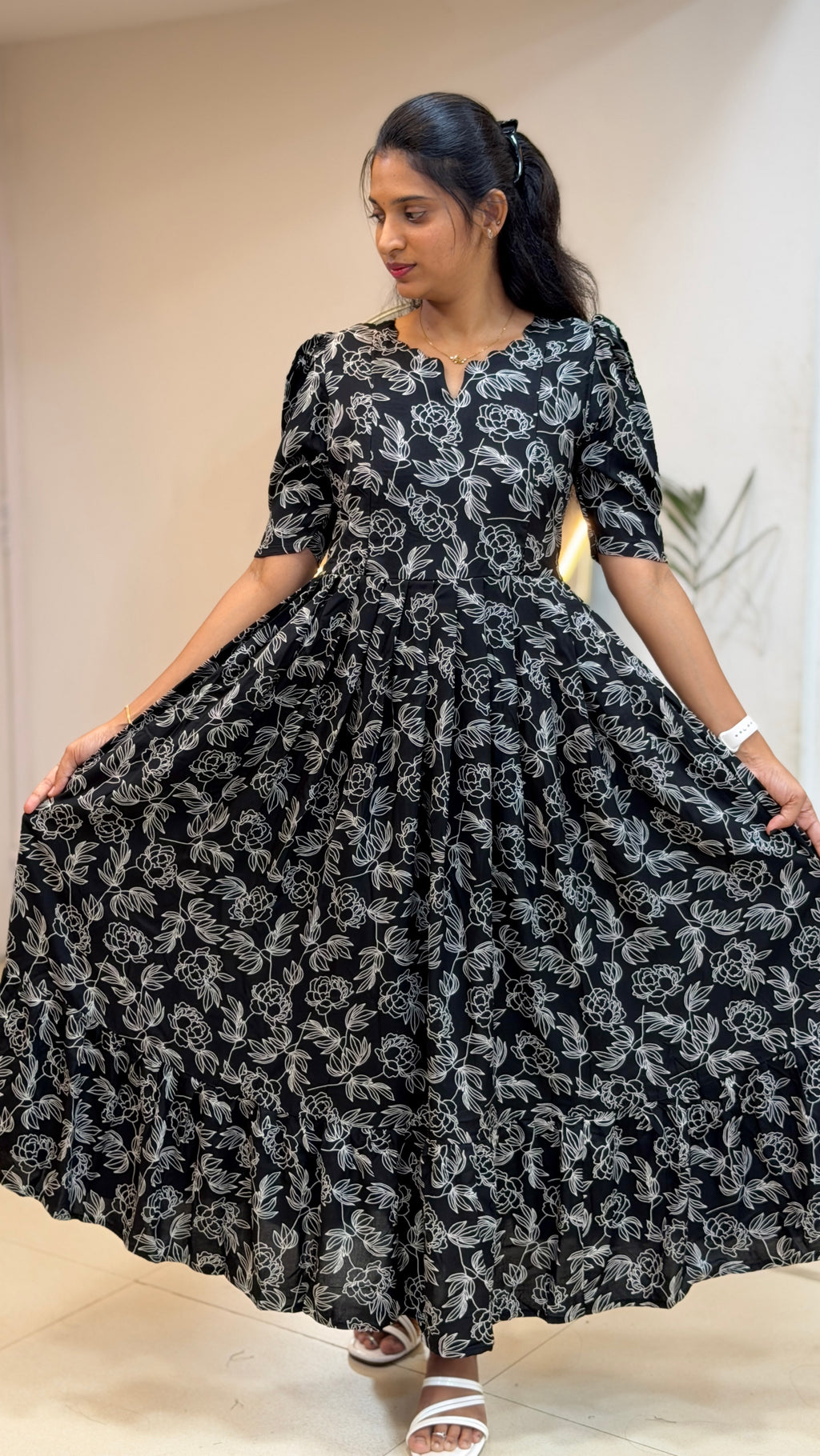 BlacK and White Floral Heavy Rayon Feeding Maxi With Pocket - 3503
