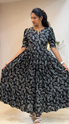 BlacK and White Floral Heavy Rayon Feeding Maxi With Pocket - 3503