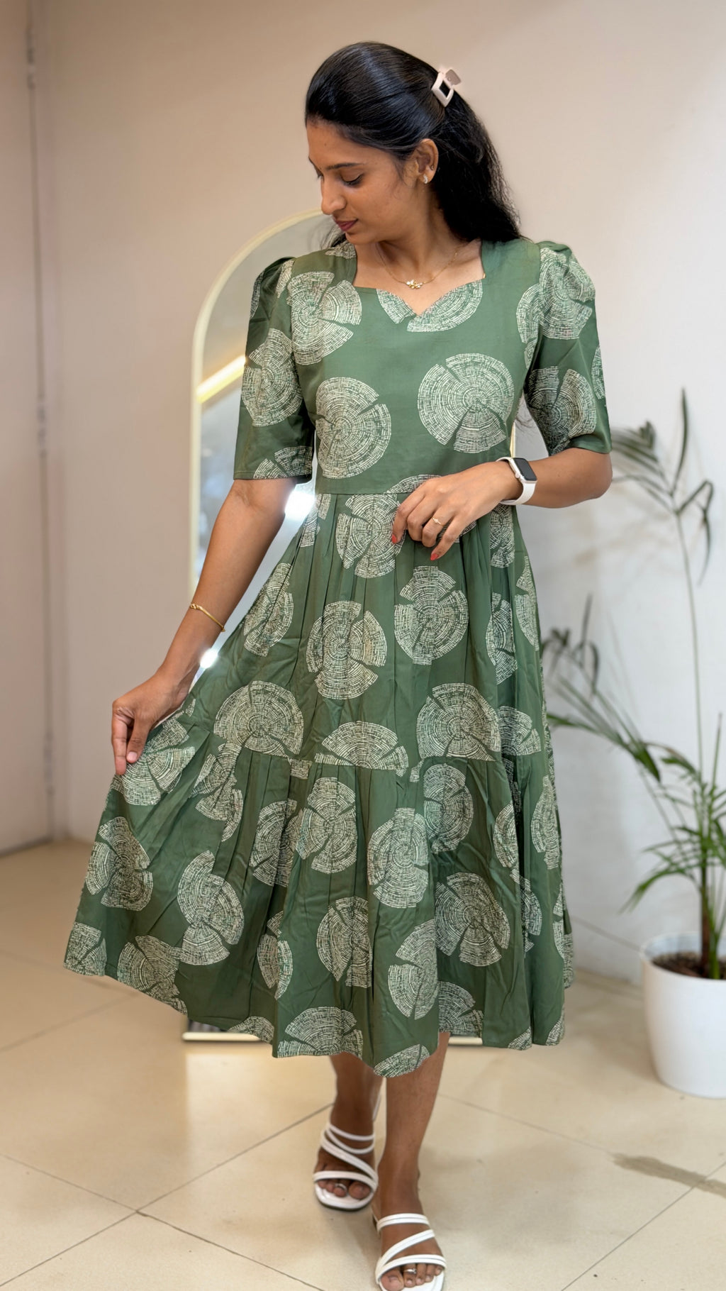 Olive Green Frock Style Heavy Rayon Maxi  - 3457