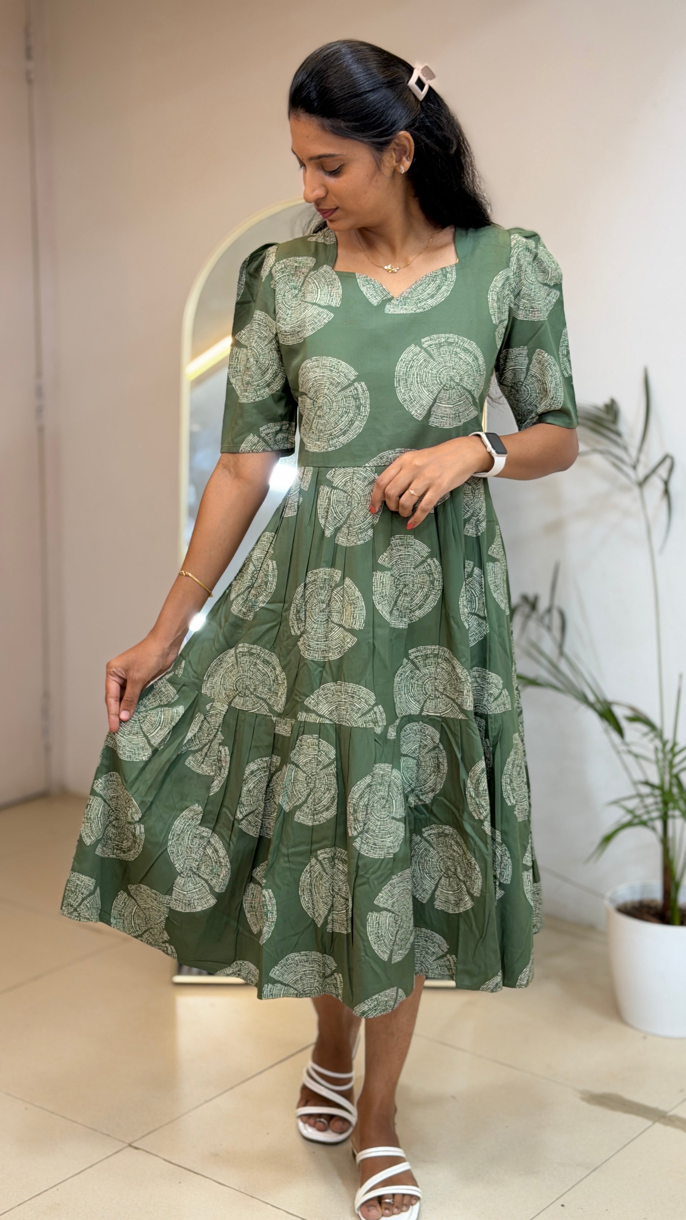 Olive Green Frock Style Heavy Rayon Maxi  - 3457