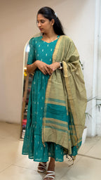 Teal Green Raw Silk Maxi with Dupatta - 3508
