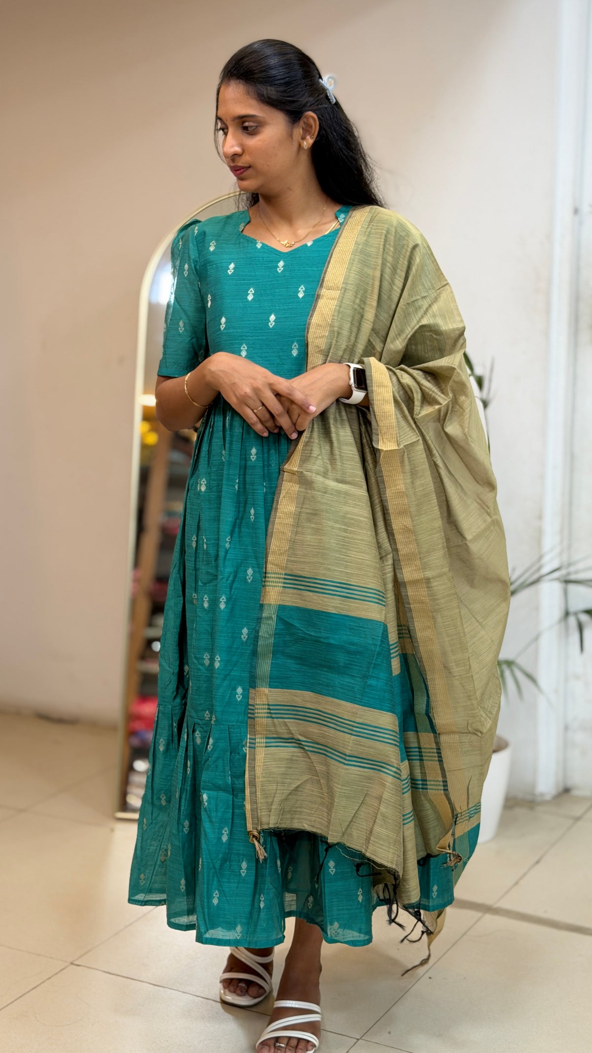Teal Green Raw Silk Maxi with Dupatta - 3508