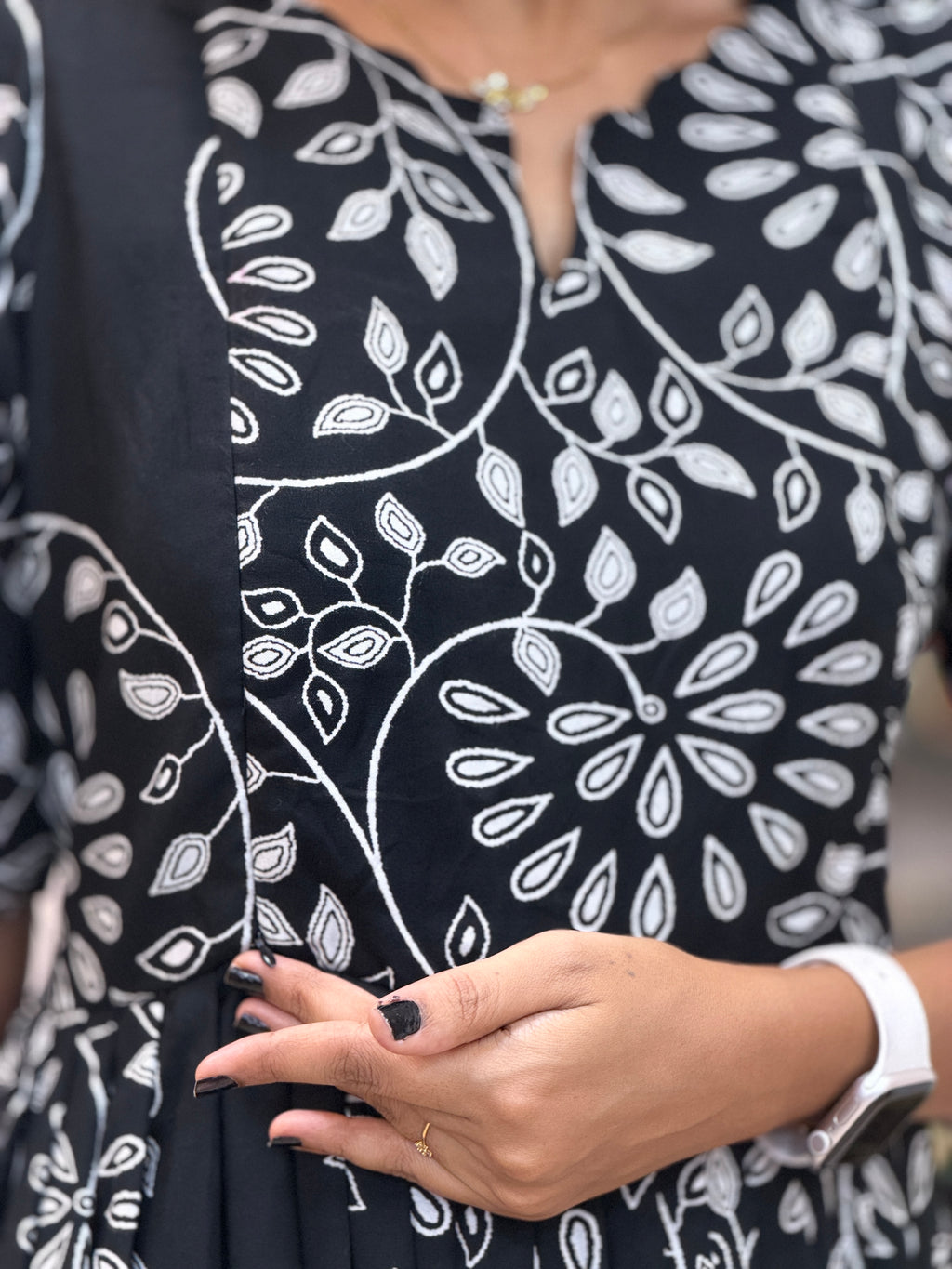 Black and White Floral Heavy Rayon Feeding Maxi With pocket  - 3504