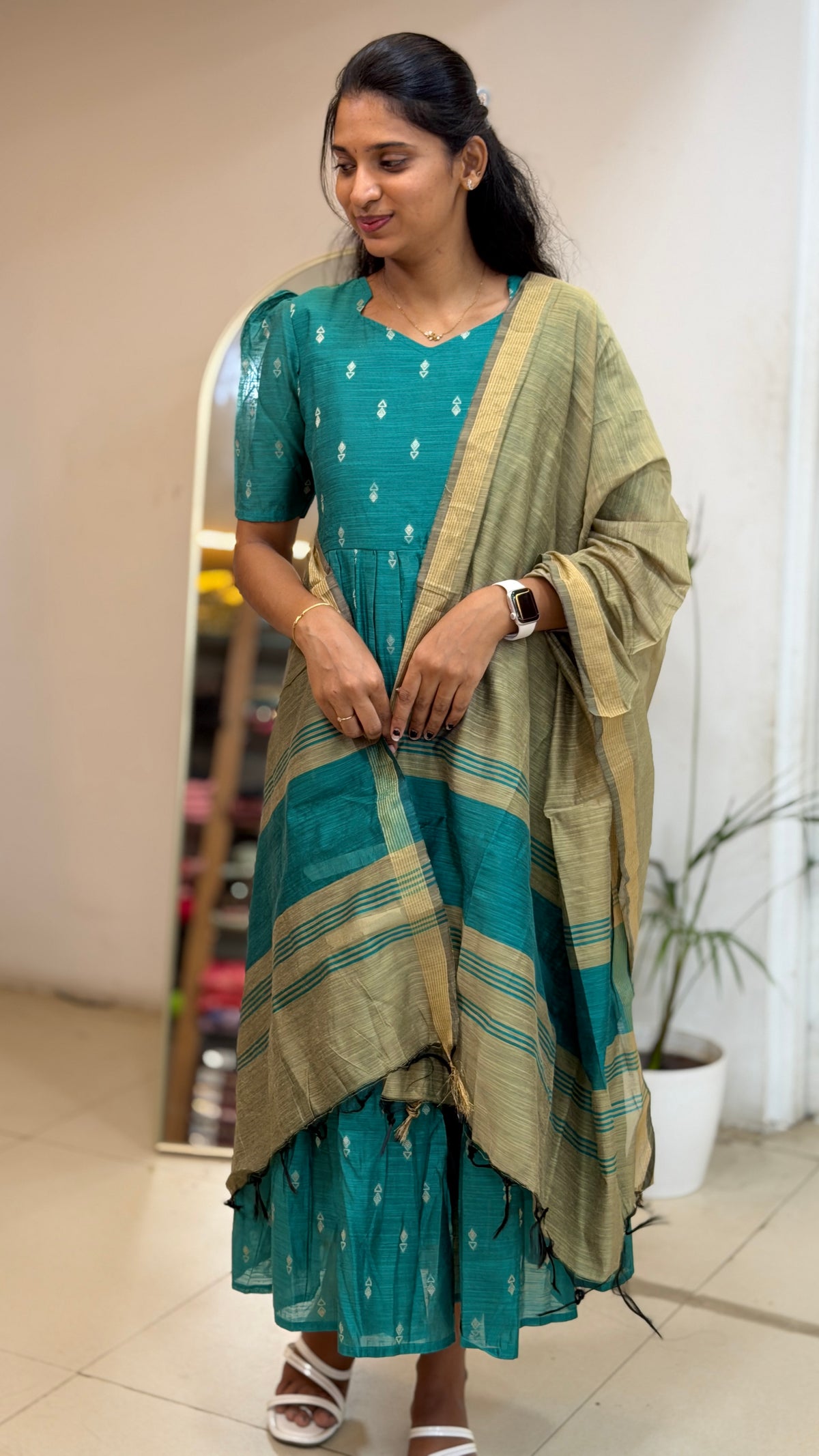 Teal Green Raw Silk Maxi with Dupatta - 3508