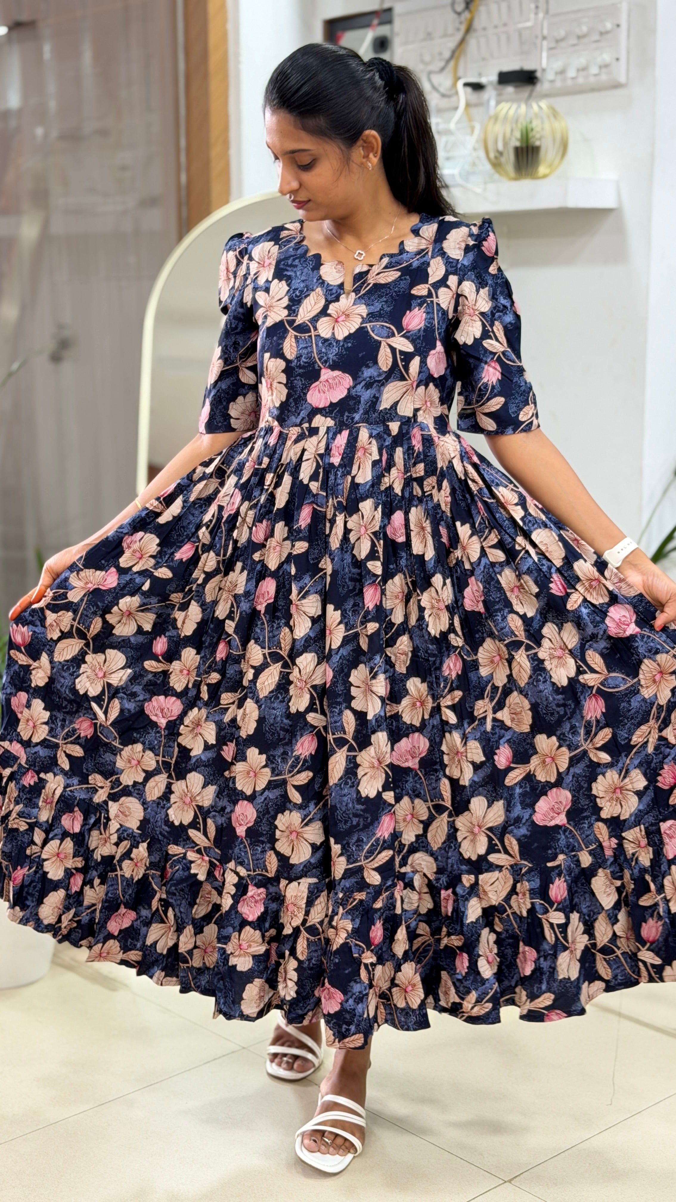 Blue Flower Heavy Rayon Feeding Maxi - 2994