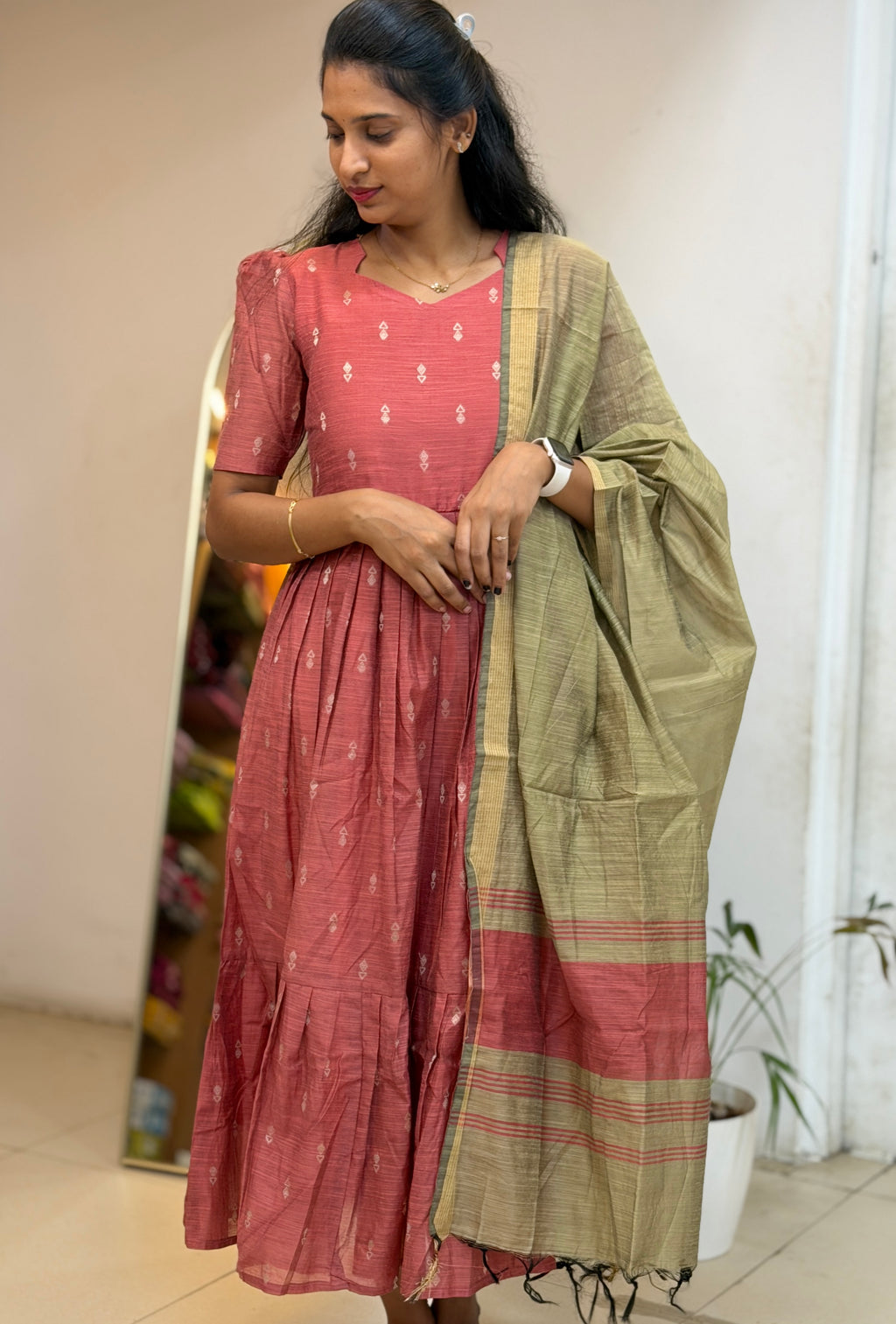 Peach Raw Silk Maxi with Dupatta - 3507