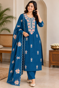 Teal Blue Roman Silk Set - 3304