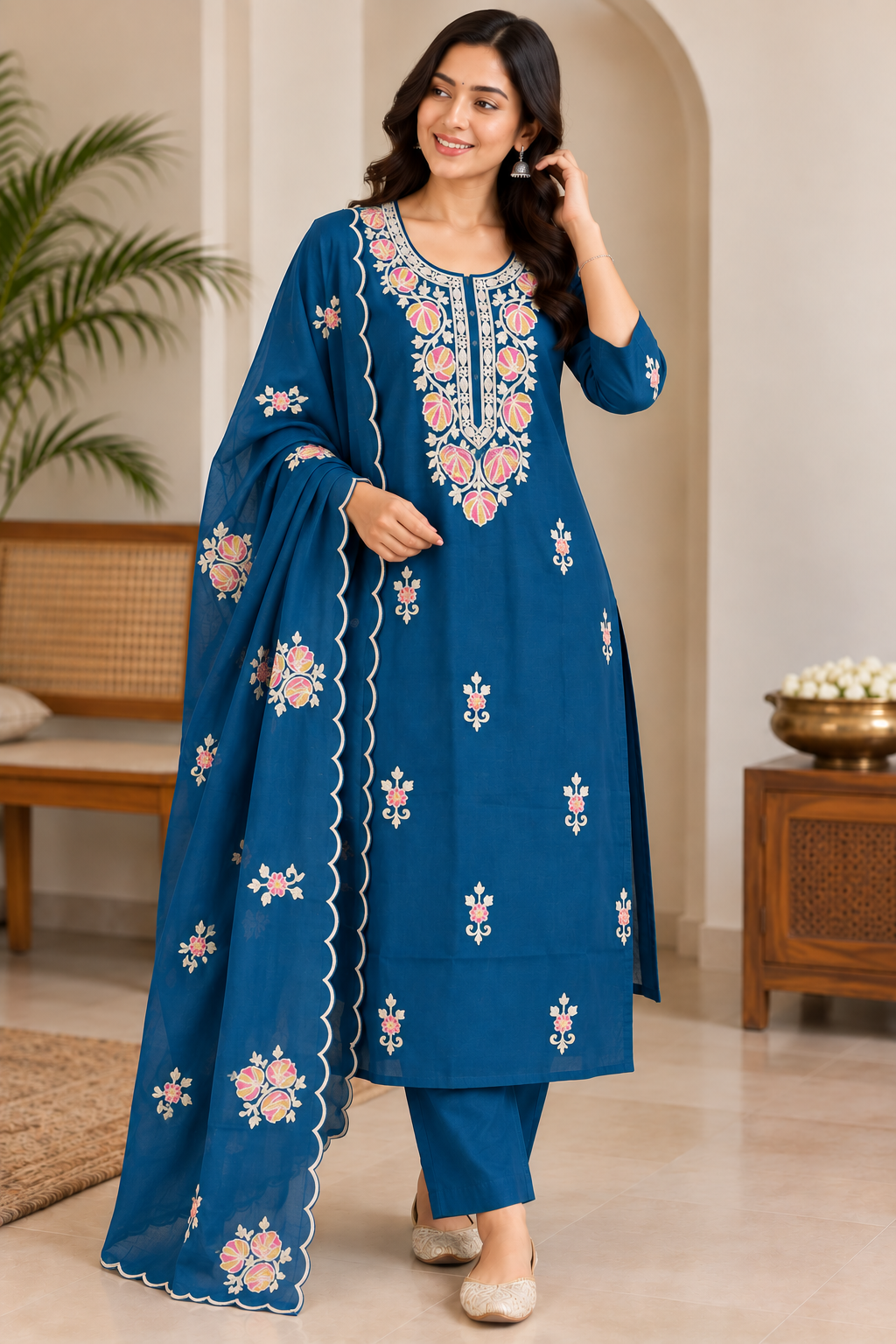Teal Blue Roman Silk Set - 3304