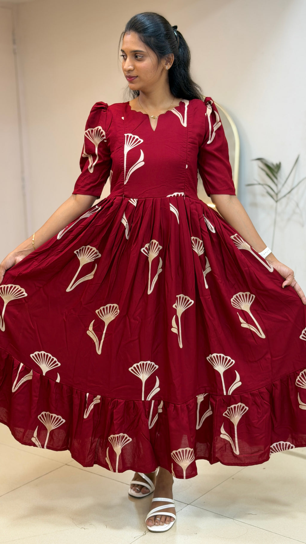 Maroon Floral Heavy Rayon Feeding Maxi With Pocket - 3502