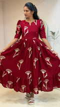 Maroon Floral Heavy Rayon Feeding Maxi With Pocket - 3502