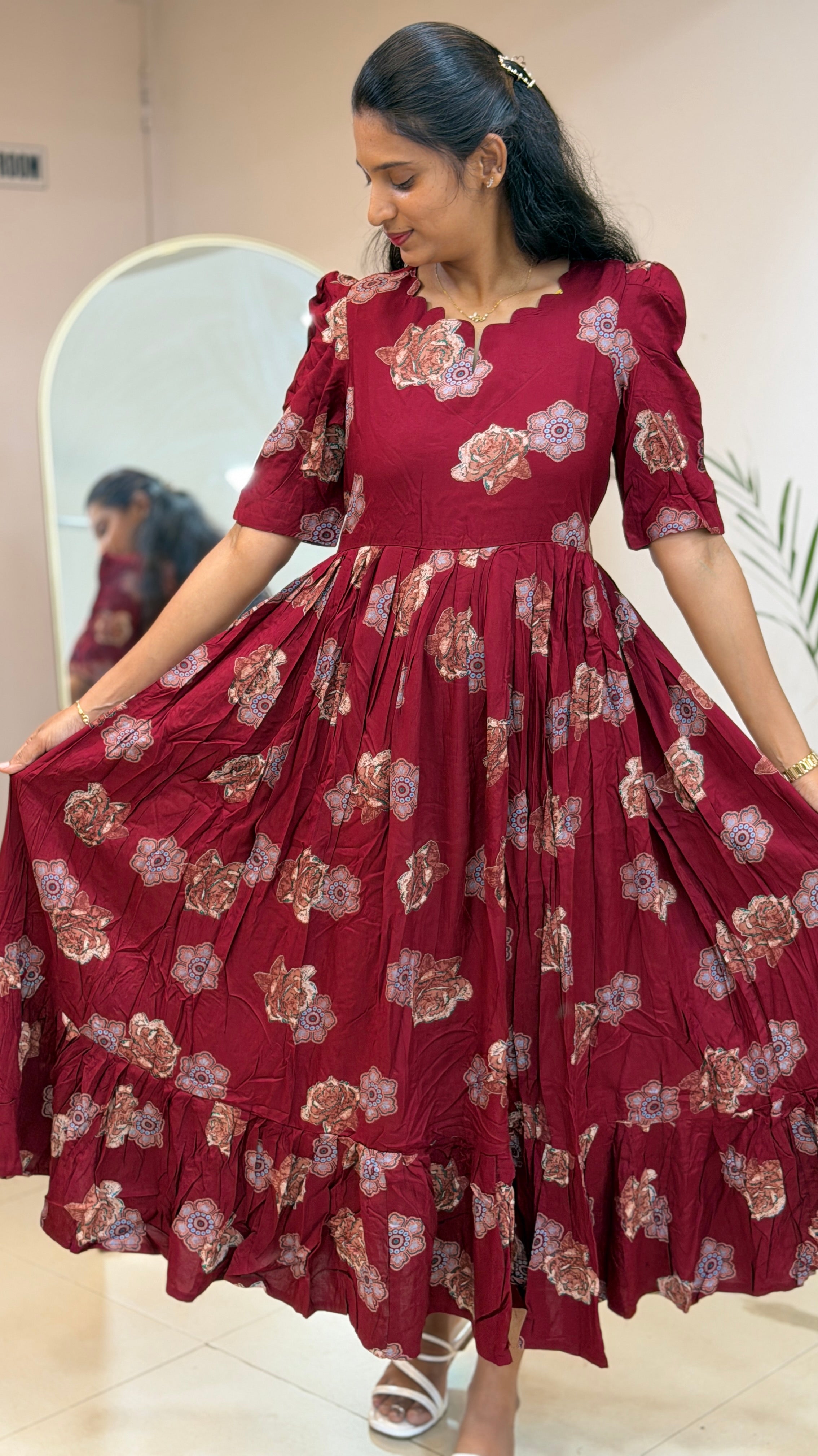 Maroon Floral Heavy Rayon Maxi - 2972