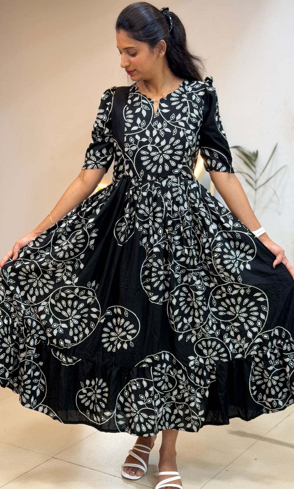 Black and White Floral Heavy Rayon Feeding Maxi With pocket  - 3504