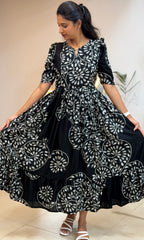 Black and White Floral Heavy Rayon Feeding Maxi With pocket  - 3504