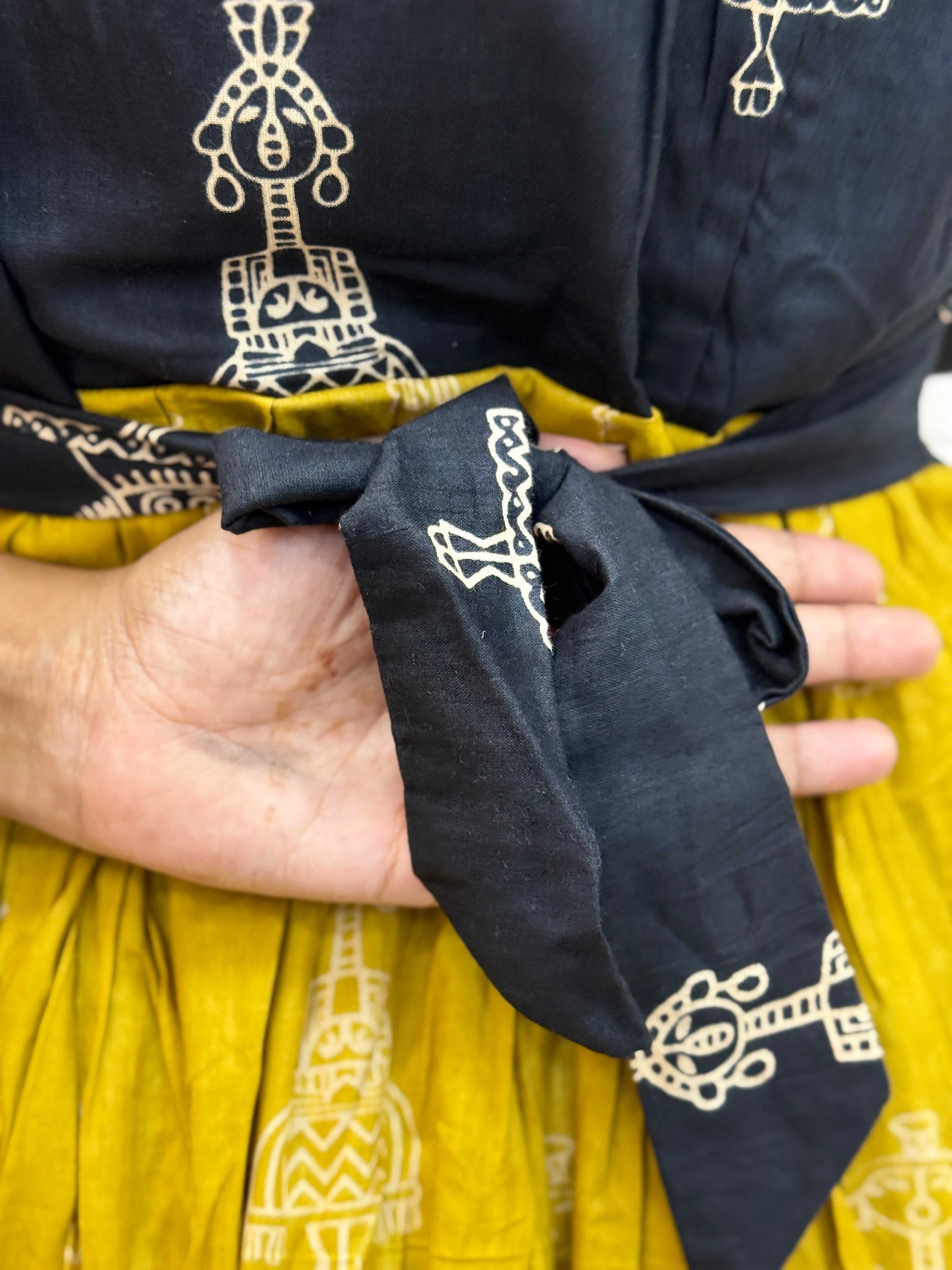 Black And Mustard Yellow Cotton Maxi - 3251