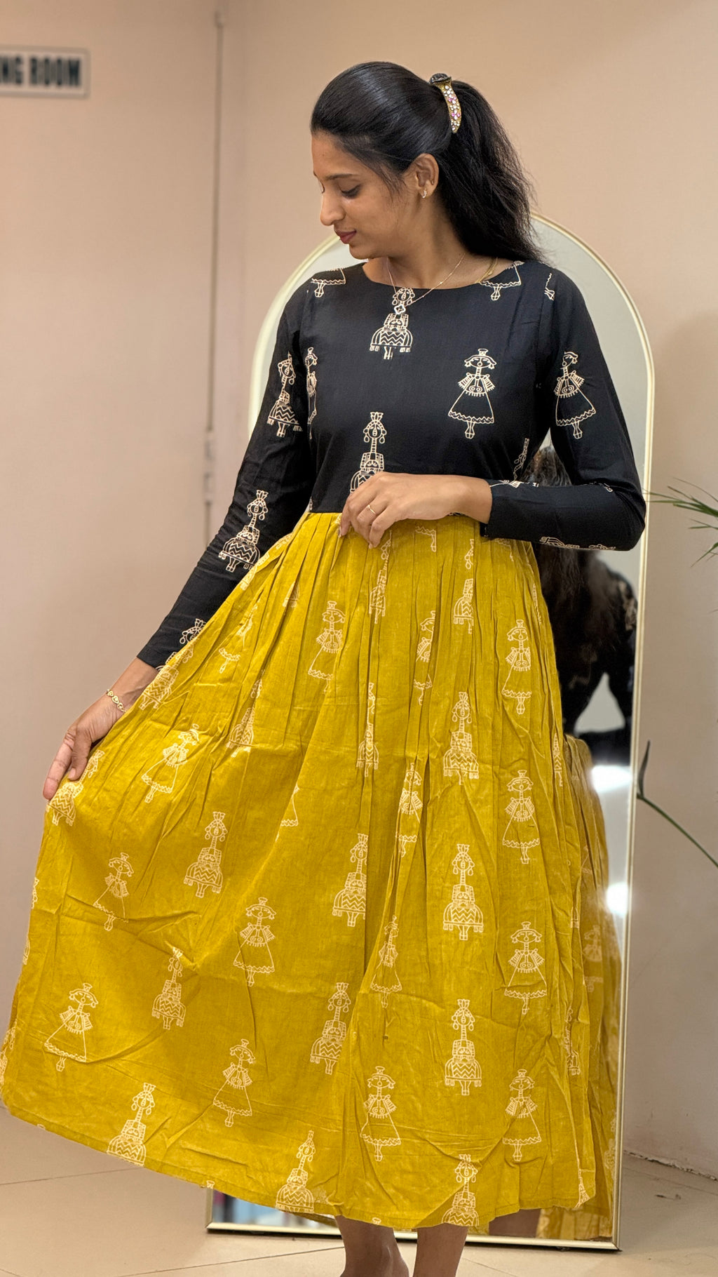 Black And Mustard Yellow Cotton Maxi - 3251