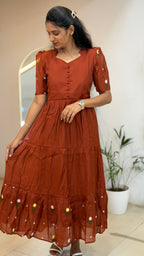 Rust Brown Floral Mul Chanderi maxi  - 3283