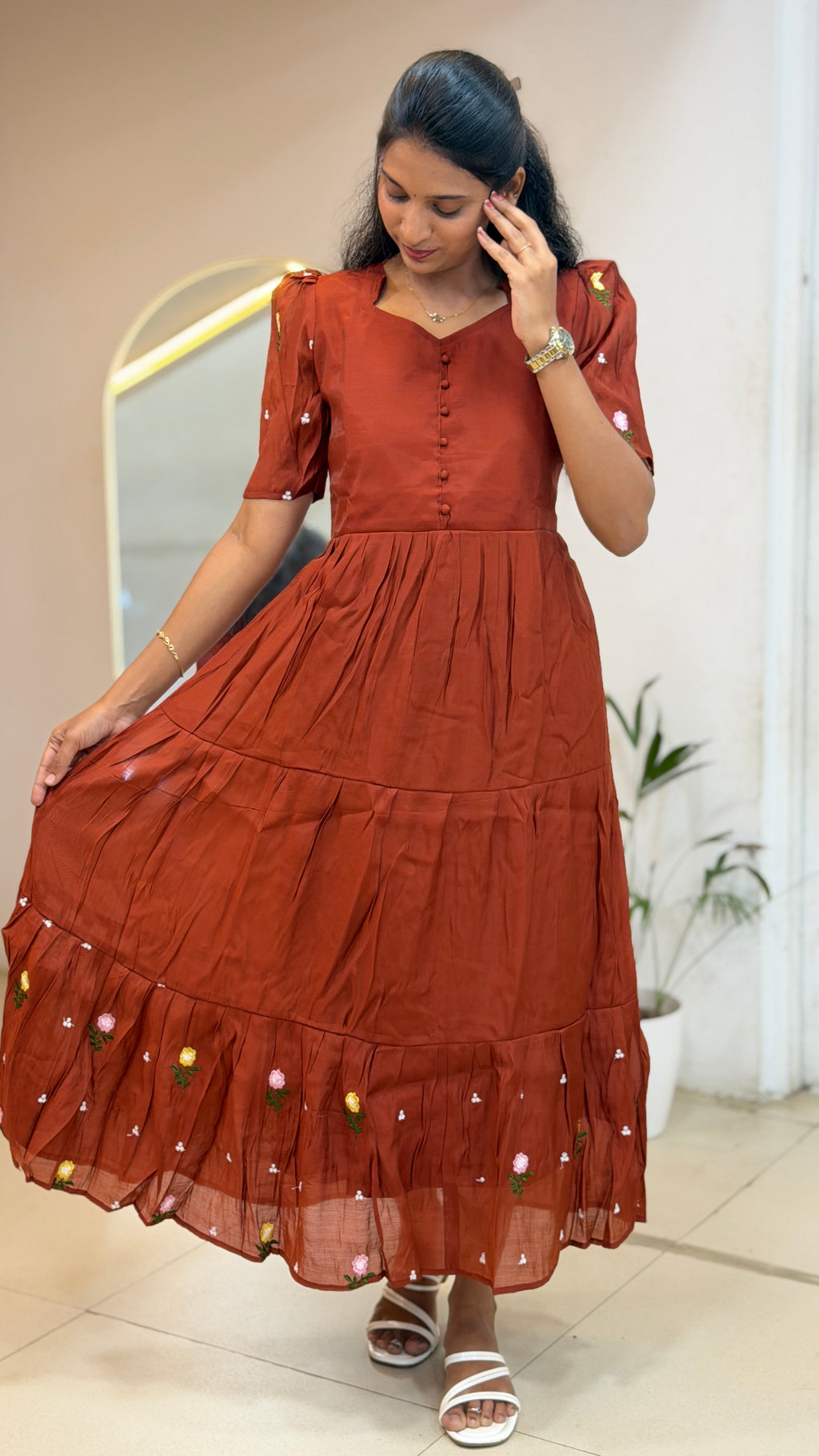Rust Brown Floral Mul Chanderi maxi  - 3283