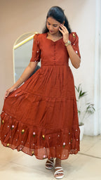 Rust Brown Floral Mul Chanderi maxi  - 3283