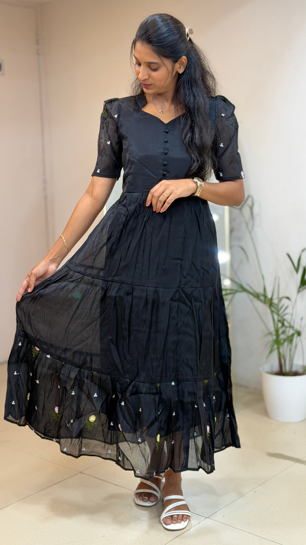 Black Floral Mul Chanderi maxi  - 3280