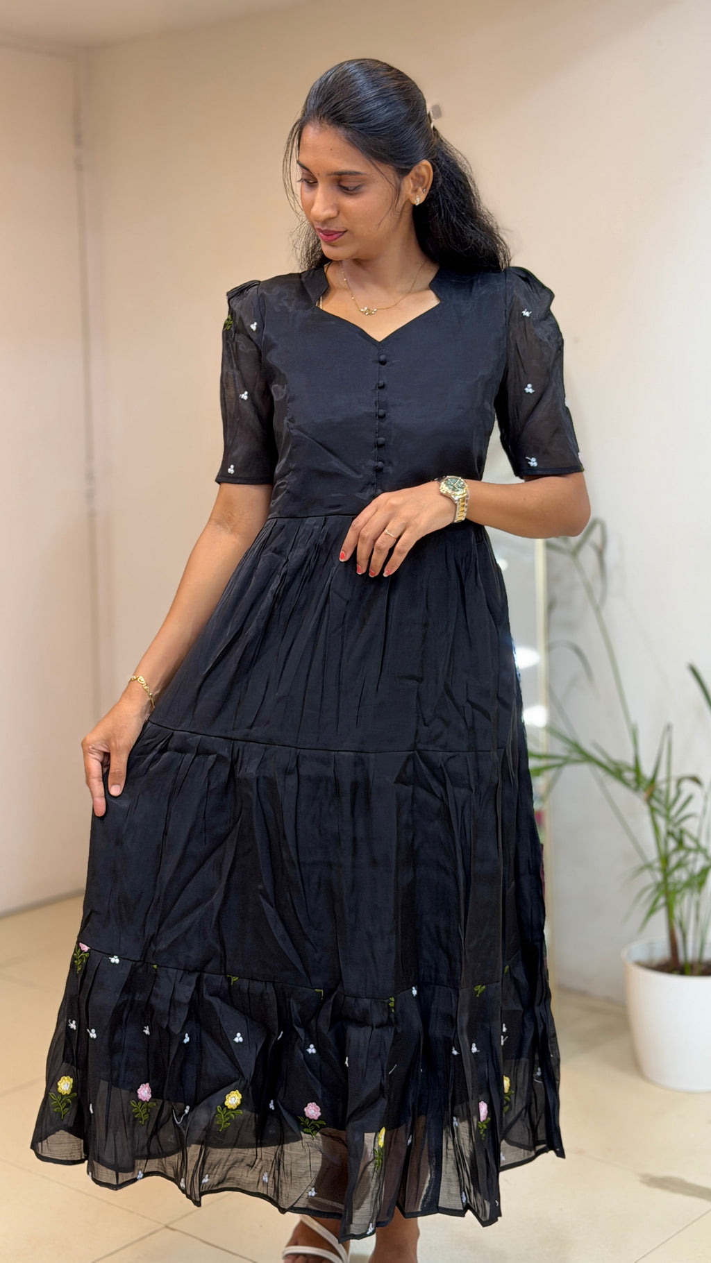 Black Floral Mul Chanderi maxi  - 3280