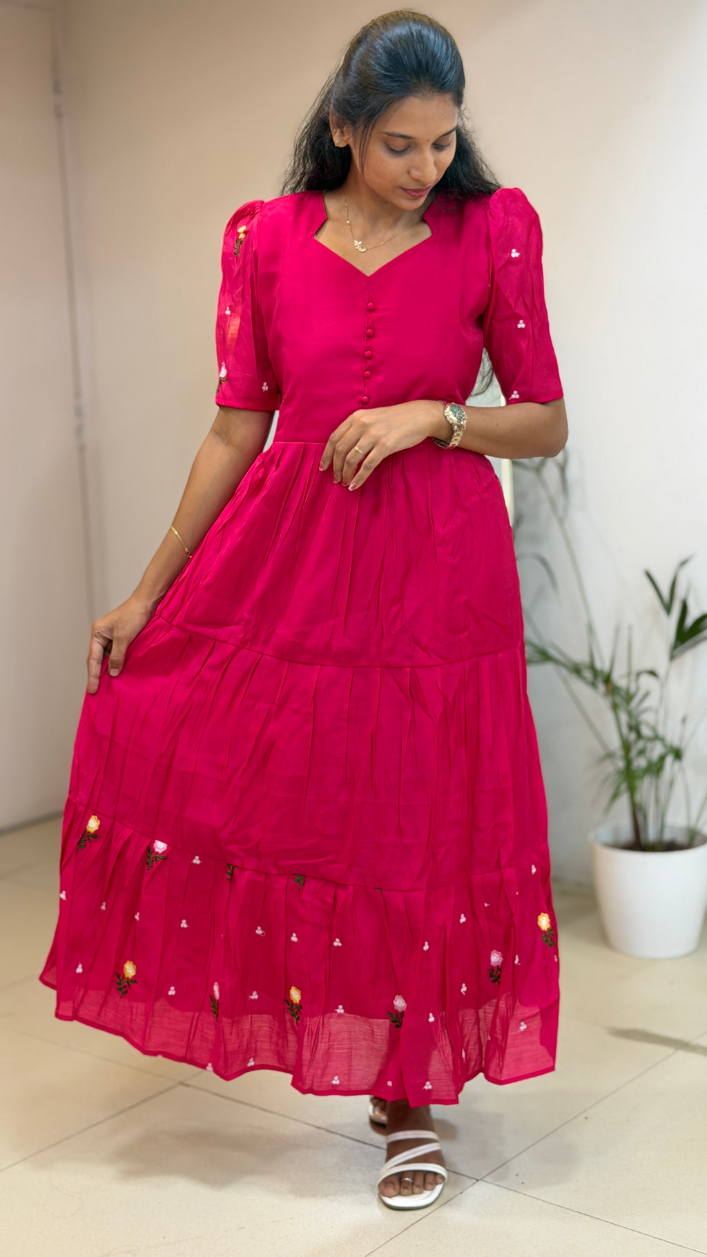 Rani Pink Floral Mul Chanderi maxi  - 3282