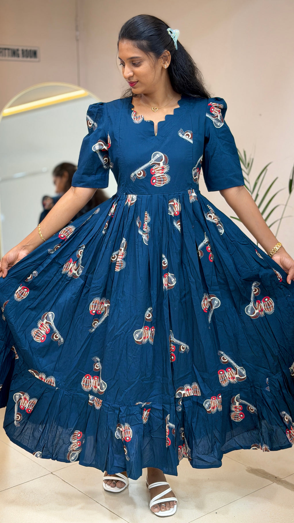 Blue Printed Cotton Feeding Maxi - 3422