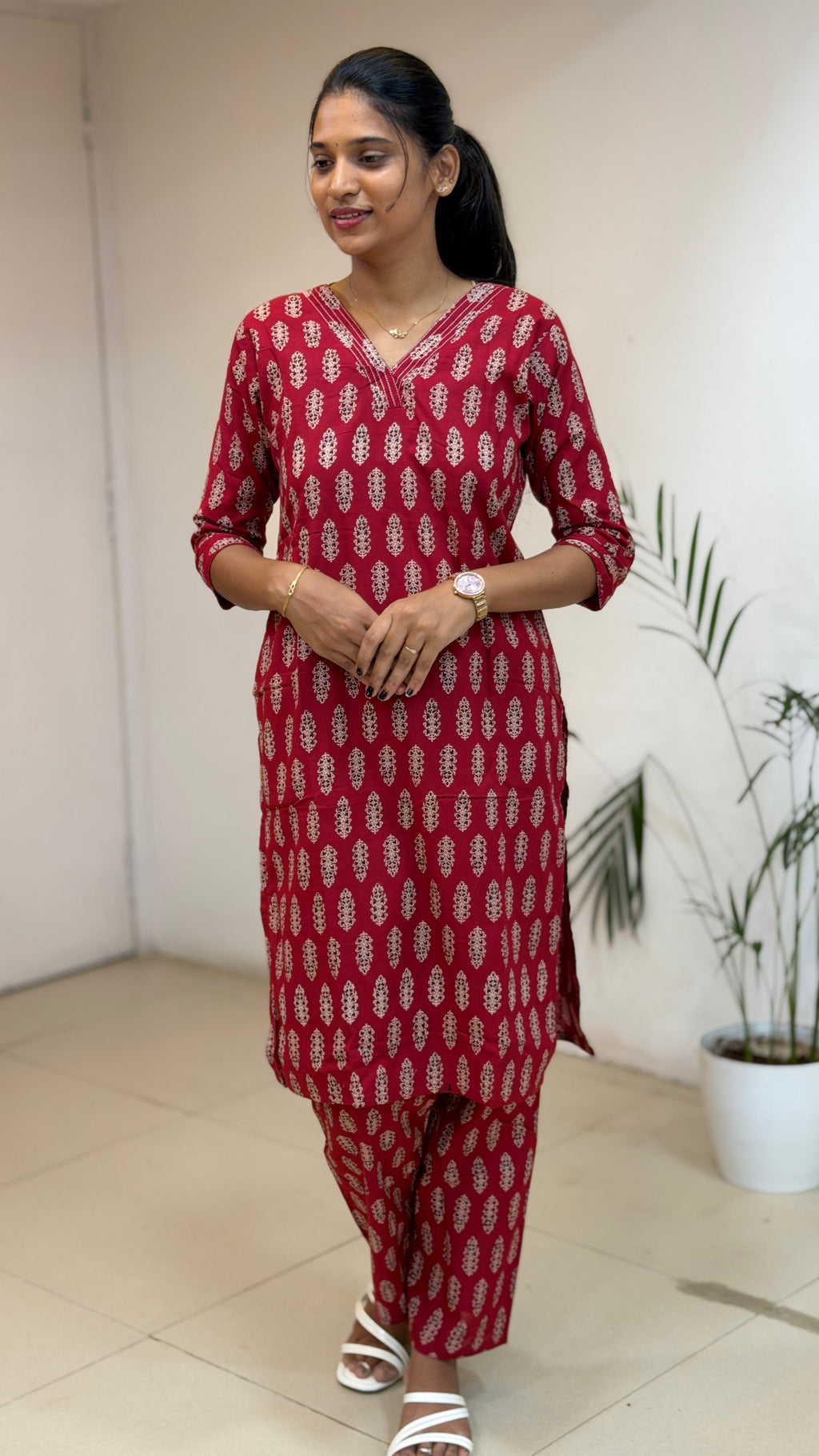 Red Cotton Co-ord Set - 3148