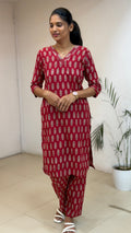 Red Cotton Co-ord Set - 3148