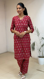 Red Cotton Co-ord Set - 3148