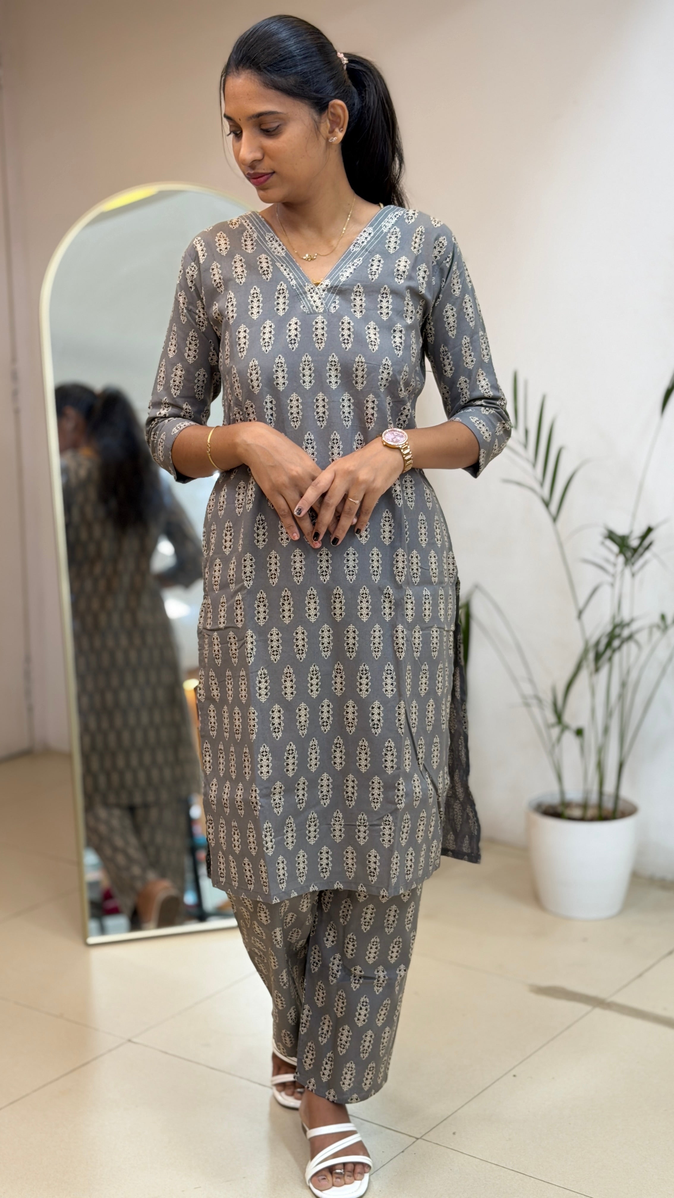 Grey Cotton Co-ord Set - 3146