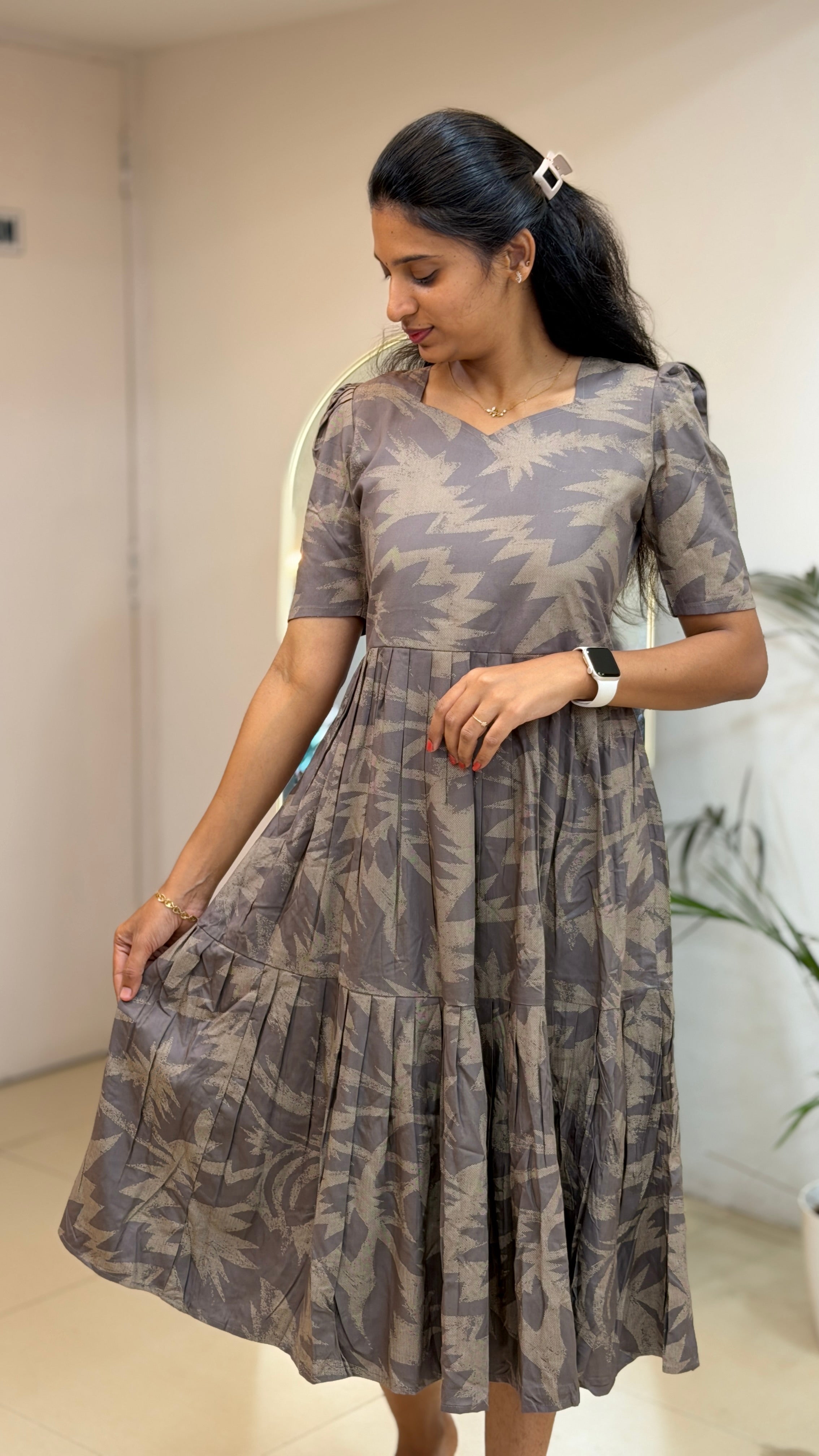 Grey Abstract Frock Style Heavy Rayon Maxi  - 3452