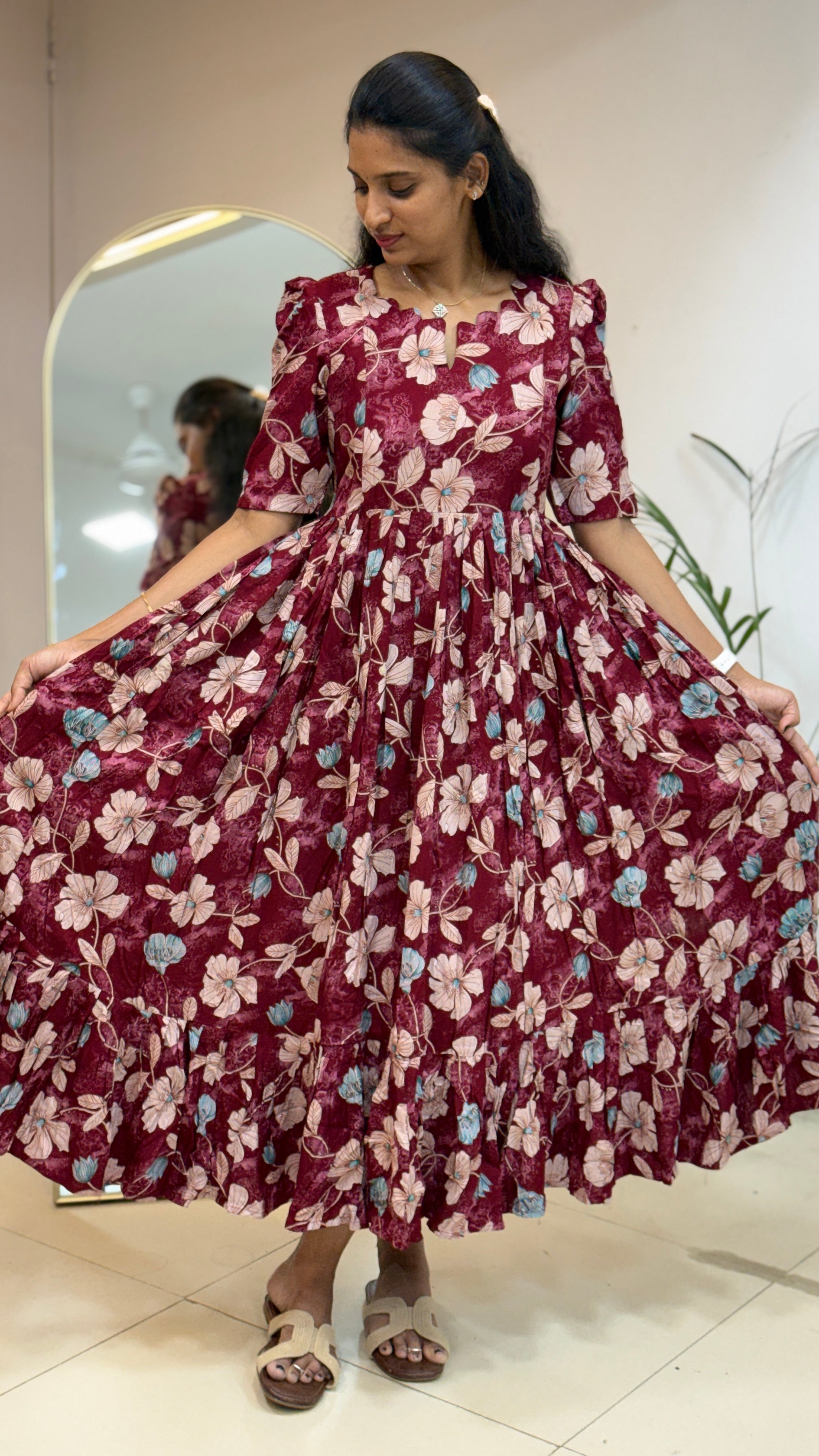 Maroon Flower Heavy Rayon Feeding Maxi - 2988
