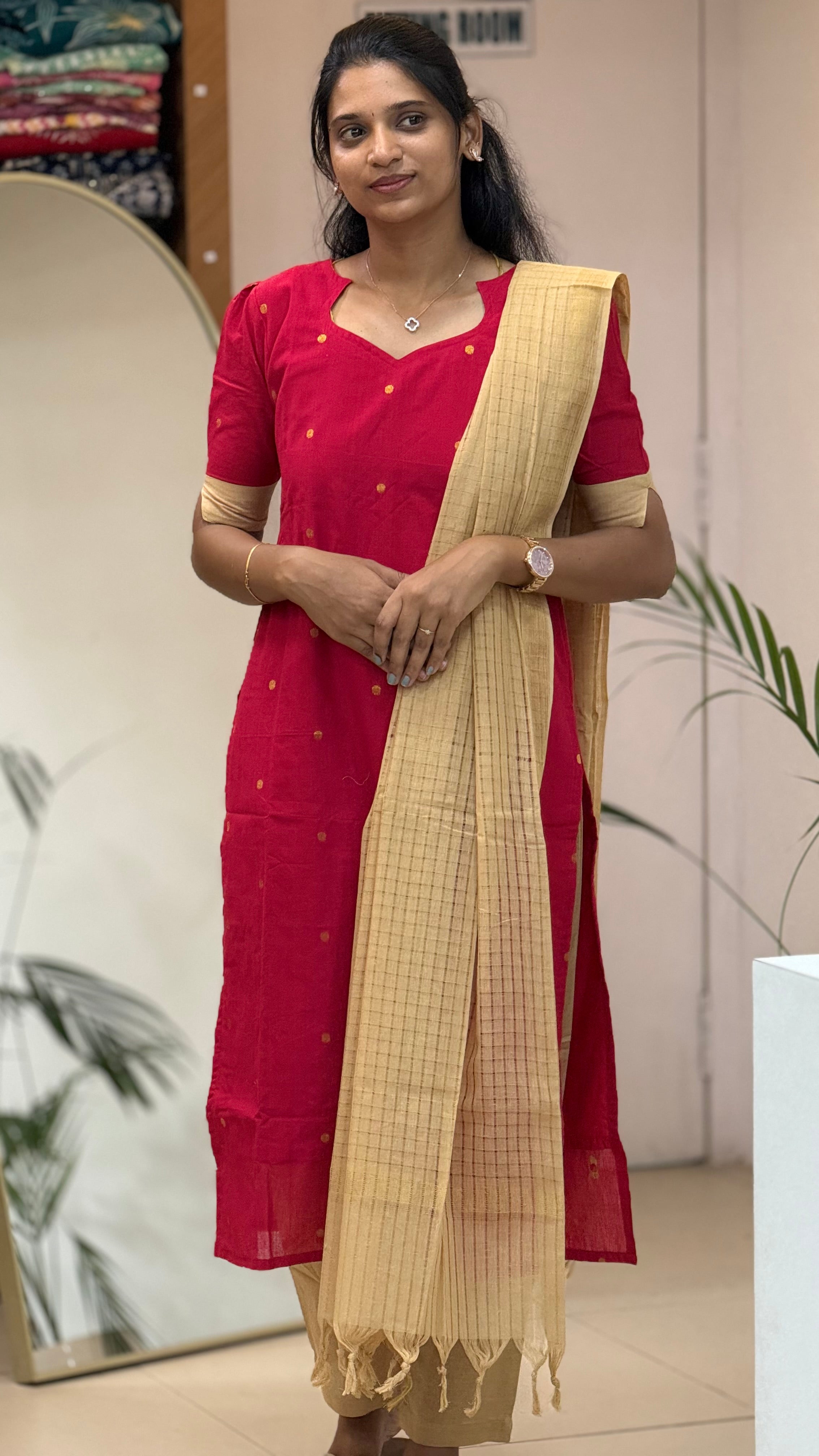 Red Cream Handloom Cotton Salwar Set-2928