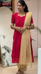 Red Cream Handloom Cotton Salwar Set-2928