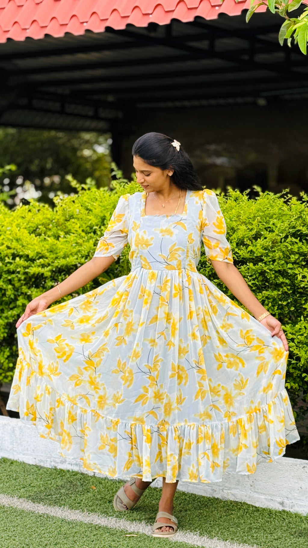 Grey And Yellow Chiffon Feeding Maxi - 3091