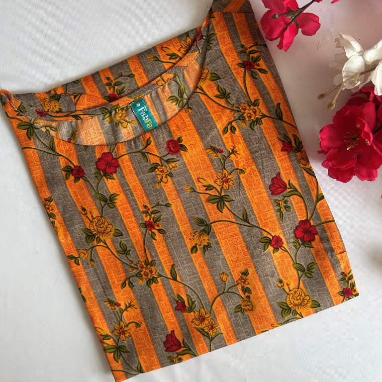 Bright Orange Vertical Grey Stripes Kurti