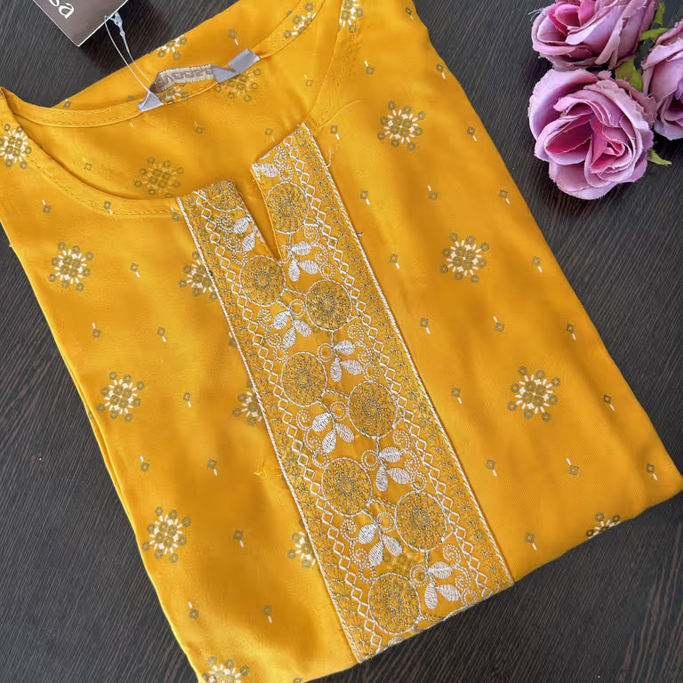 Bright Yellow Geometric Flower Print Kurti