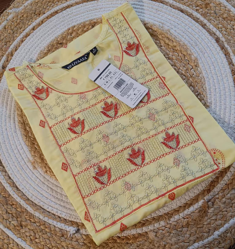 Pastel Yellow Floral Embroidered Kurti
