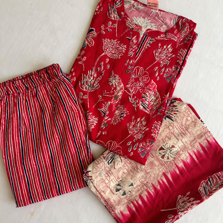 Red Floral Kurti Set